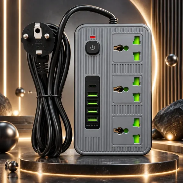 ویژگی‌های اصلی چندراهی برق ۳ خانه + ۴ پورت USB مدل 2500 وات