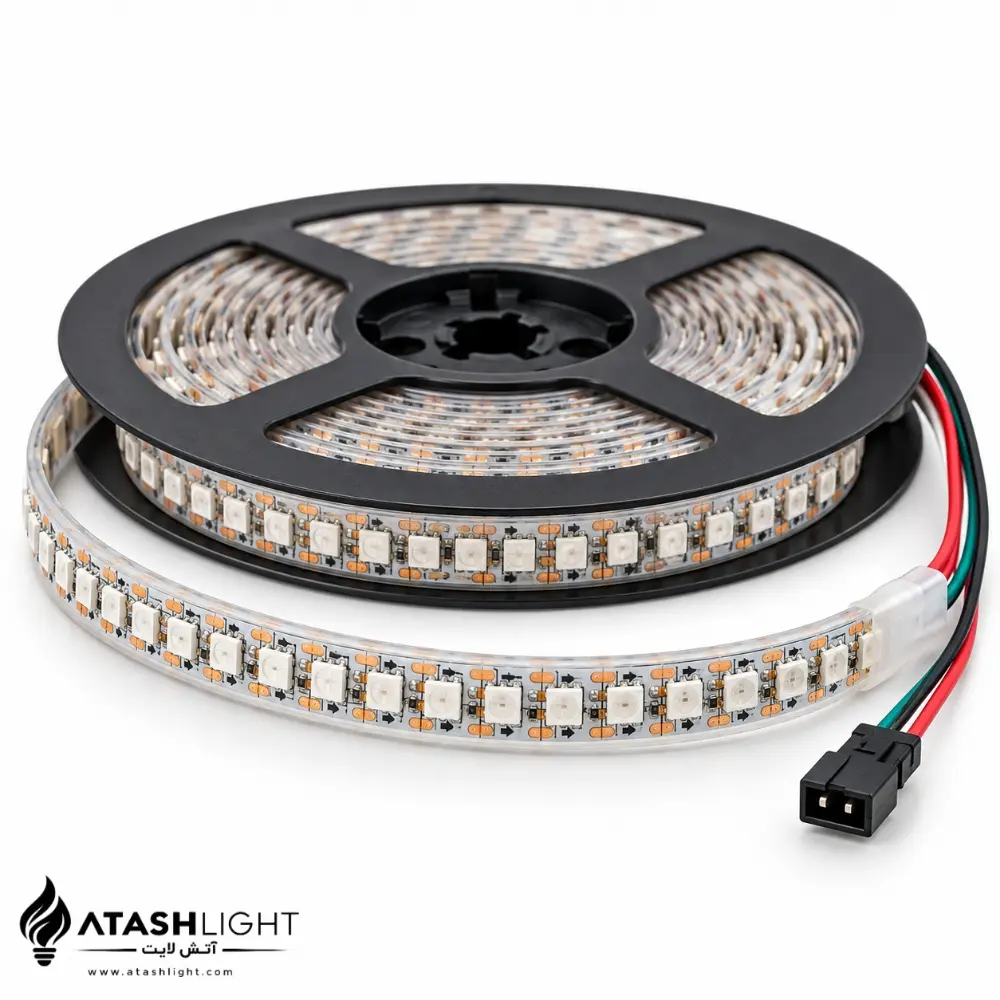ریسه RGB هوشمند WS2812 تراکم ۱۴۴ پیکسل با کنترل جداگانه LEDها و نورپردازی رنگی