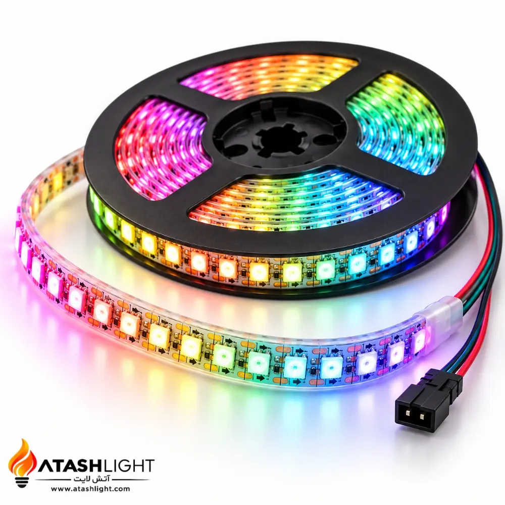 ریسه RGB هوشمند WS2812 تراکم ۱۴۴ پیکسل با کنترل جداگانه LEDها و نورپردازی رنگی